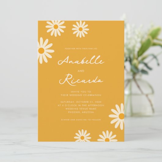 Boho Yellow Daisy Hippie QR Code Foto Wedding Einladung (Stehend Vorderseite)