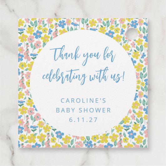 Boho Yellow Ditsy Floral Custom Baby Dusche Danke Geschenkanhänger (Rückseite)