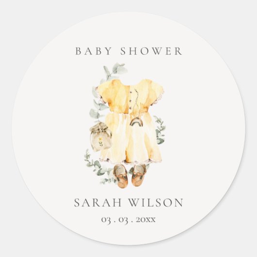 Boho Yellow Dress Shoes Foliage Girl Babydusche Runder Aufkleber (Vorderseite)