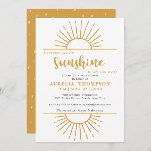 Boho Yellow Little Ray Sunshine on Way Baby Dusche Einladung (Vorne/Hinten)
