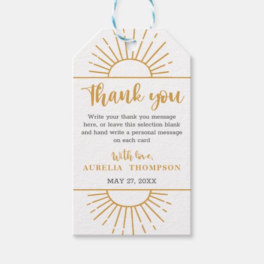 Boho Yellow Little Ray Sunshine on Way Baby Dusche Geschenkanhänger (Vorderseite)