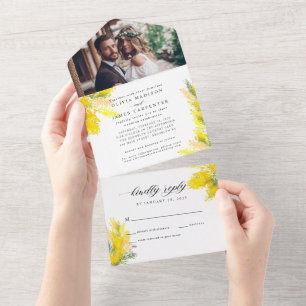 Boho Yellow Summer Wildblume Rustikales Foto Hochz All In One Einladung