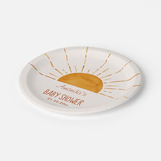 Boho Yellow Sunshine Baby Dusche Pappteller (Schrägansicht)