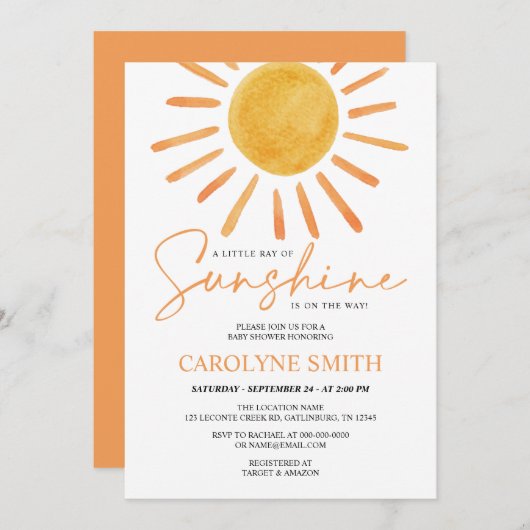 Boho Yellow Sunshine Watercolor Babydusche Einladung (Vorne/Hinten)