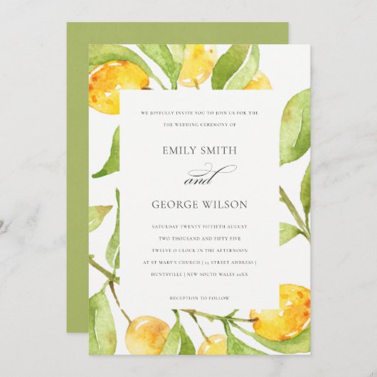BOHO YELLOW WATERCOLOR FOLIAGE OLIVE WEDD EINLADUNG (Vorne/Hinten)