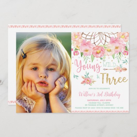 Boho Young Wild und Three 3. Birthday Girl Foto Einladung (Vorne/Hinten)