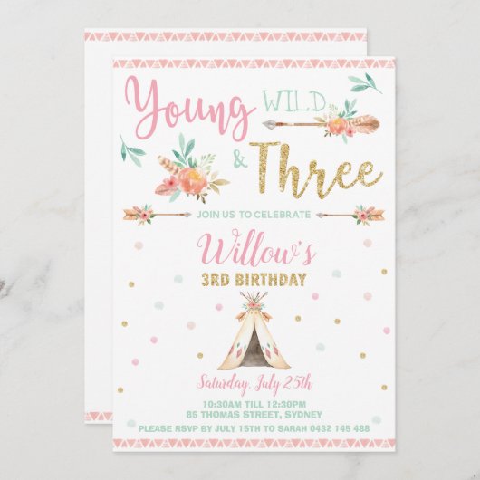 Boho Young Wild und Three 3. Birthday Party Girl Einladung (Vorne/Hinten)