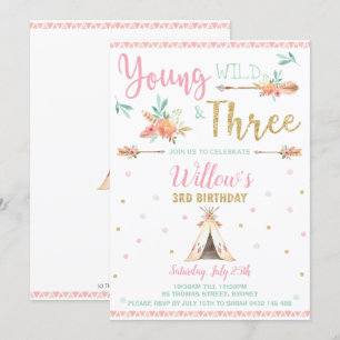 Boho Young Wild und Three 3. Birthday Party Girl Einladung