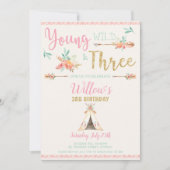 Boho Young Wild und Three 3. Birthday Party Girl Einladung (Vorderseite)