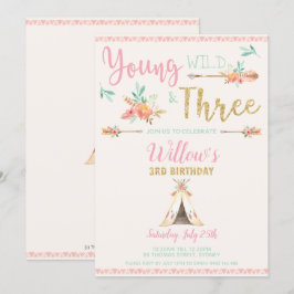 Boho Young Wild und Three 3. Birthday Party Girl Einladung