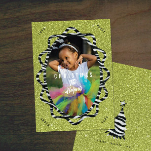 Boho-Zebra- und grüne Glitter-Oval-Foto-Weihnachte Feiertagskarte