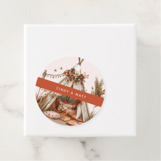 Boho Zelt mit Blume und Federn Hochzeit Geschenkanhänger (Beispiel)