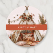 Boho Zelt mit Blume und Federn Hochzeit Geschenkanhänger (Vorderseite)