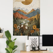 Boho-Zeltal-Hüttenlandschaft am Fluss Poster (Heimbüro)