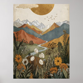 Boho-Zeltal-Hüttenlandschaft am Fluss Poster
