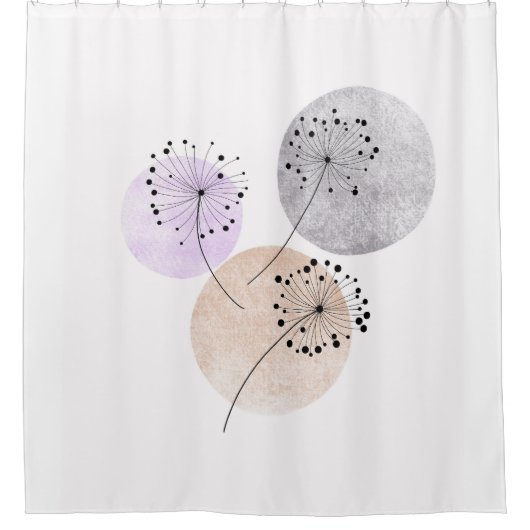 Boho Zen Dandelion Blume auf blauen, rosa Zirkeln Duschvorhang (Vorderseite)