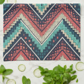 Boho Zickzack Pattern | Aquamarin, Coral und Cream Geschirrtuch (Gefaltet)