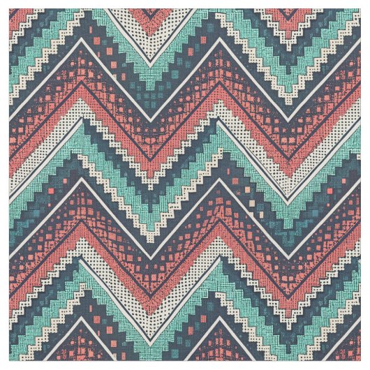 Boho Zickzack Pattern | Aquamarin, Coral und Cream Stoff (Nahaufnahme)