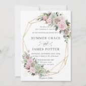 BohoChic Pink Brown Sage Green Floral Gold Hochzei Einladung (Vorderseite)