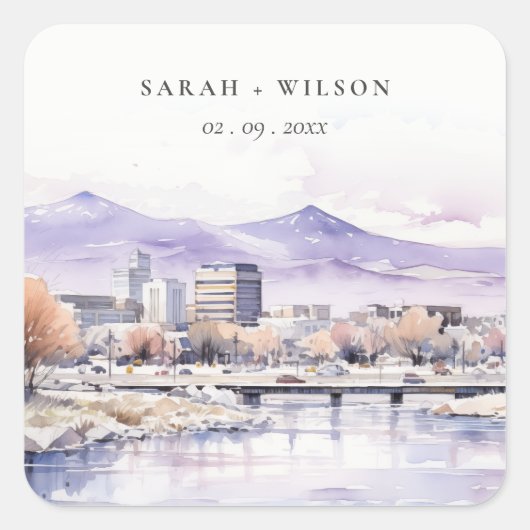 Boise, Idaho Watercolor Landscape Wedding Quadratischer Aufkleber (Vorderseite)