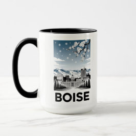 Boise Skyline Black and White Woodcut Winter  Tasse