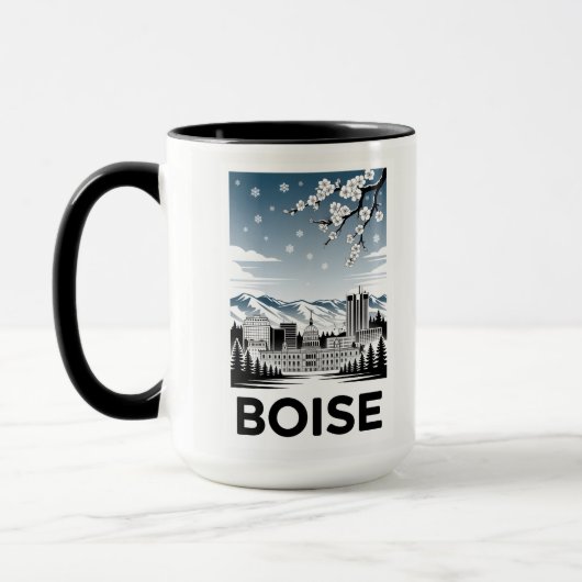 Boise Skyline Black and White Woodcut Winter  Tasse (Links)
