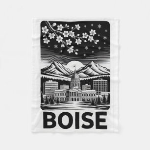 Boise Skyline Schwarz-Weiß-Holzschnitt Winter Fleecedecke