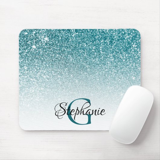 Bokeh Aquamarin Glitzer White Ombre Monogram Mousepad (Mit Mouse)