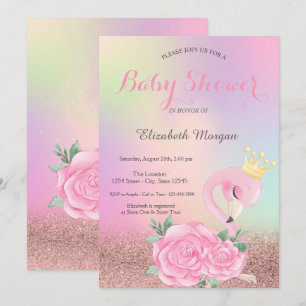Bokeh, Baby Pink Flamingo Holografische Babyparty Einladung