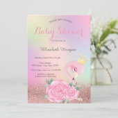 Bokeh, Baby Pink Flamingo Holographic Baby Shower Einladung (Stehend Vorderseite)