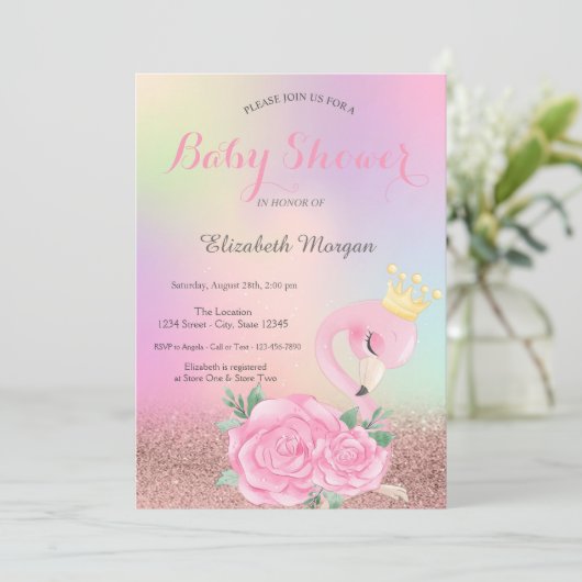 Bokeh, Baby Pink Flamingo Holographic Baby Shower Einladung (Stehend Vorderseite)