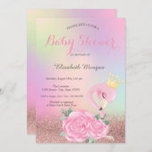 Bokeh, Baby Pink Flamingo Holographic Baby Shower Einladung (Vorne/Hinten)