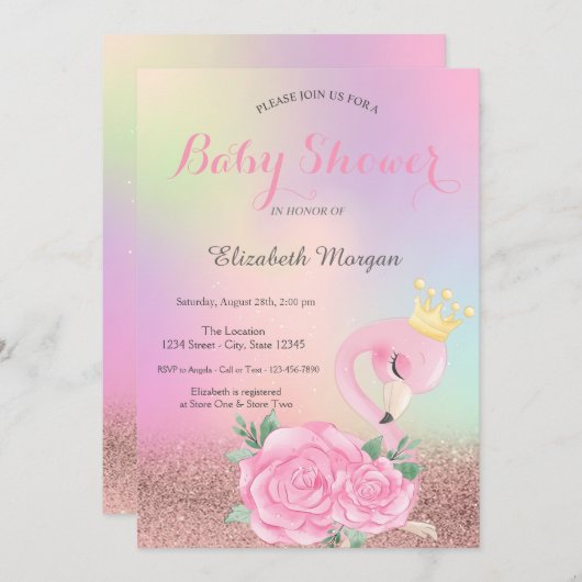 Bokeh, Baby Pink Flamingo Holographic Baby Shower Einladung (Vorne/Hinten)
