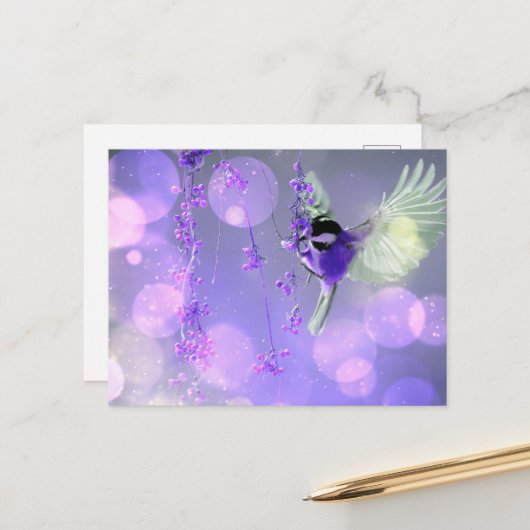 Bokeh Bubbles Flying Hummingbird - Lila Postkarte (Vorderseite/Rückseite Beispiel)
