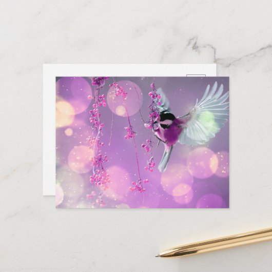 Bokeh Bubbles Flying Hummingbird - Pink Postkarte (Vorderseite/Rückseite Beispiel)
