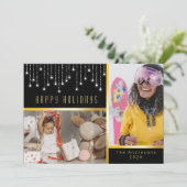 Bokeh Christmas Poinsettia Fairy Lights Gold Foto Einladung (Stehend Vorderseite)