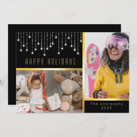 Bokeh Christmas Poinsettia Fairy Lights Gold Foto Einladung (Vorne/Hinten)