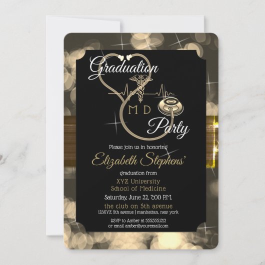 Bokeh Doctor Stethoscope EKG Graduation Party Einladung (Vorderseite)