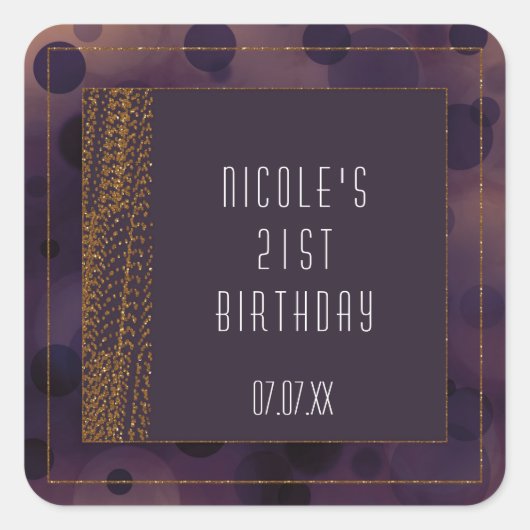 Bokeh Glam Lila & Gold Gefälligkeitskleber Quadratischer Aufkleber (Vorderseite)