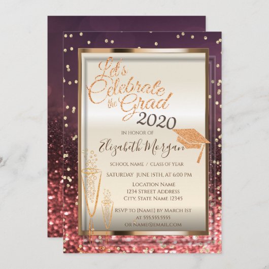 Bokeh, Glitzer Graduation Cap, Glass Abschluss Einladung (Vorne/Hinten)