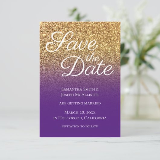 Bokeh Gold Glitzer Royal Lila Ombre Save The Date (Stehend Vorderseite)