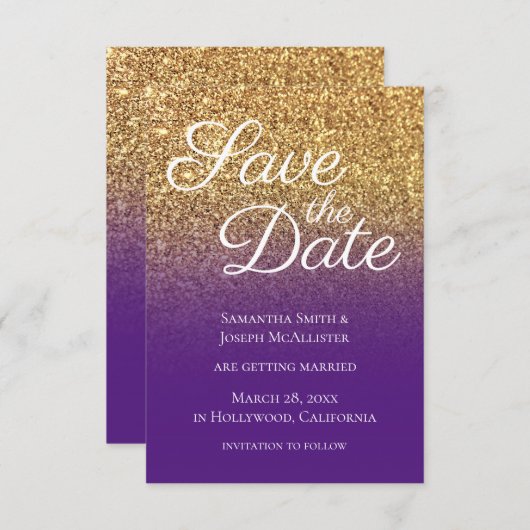 Bokeh Gold Glitzer Royal Lila Ombre Save The Date (Vorne/Hinten)