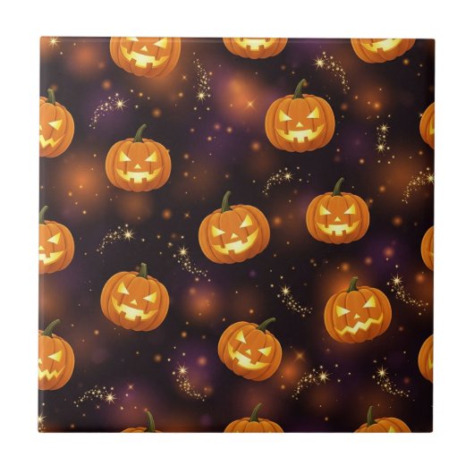 Bokeh Halloween | Leuchtender Kürbis (4) Fliese (Vorderseite)
