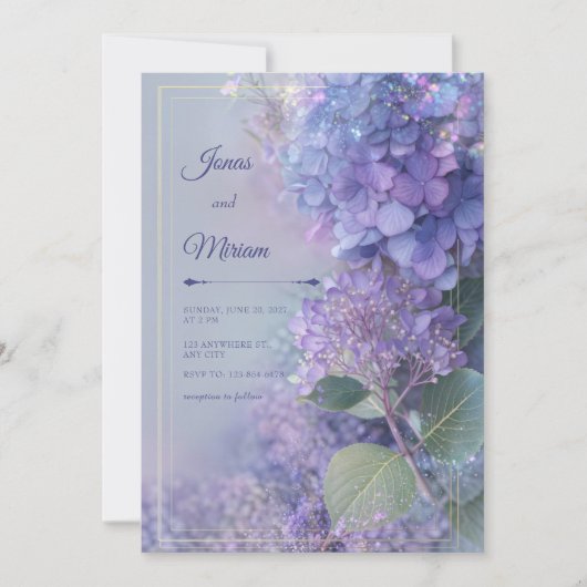 Bokeh Lavender Hydrangea Ethereal Gold Frame Einladung (Vorderseite)