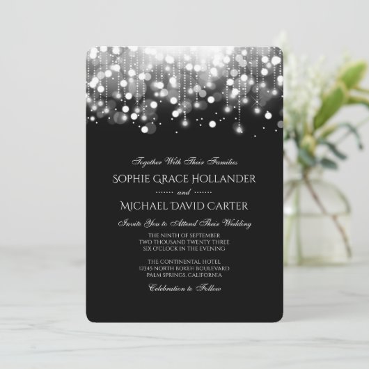 Bokeh-Lichter in Schwarz und Weiß Einladung (Stehend Vorderseite)