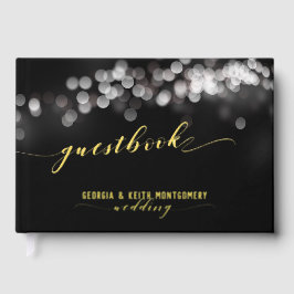 Bokeh Lights Black Gold Script Elegante Hochzeit Gästebuch
