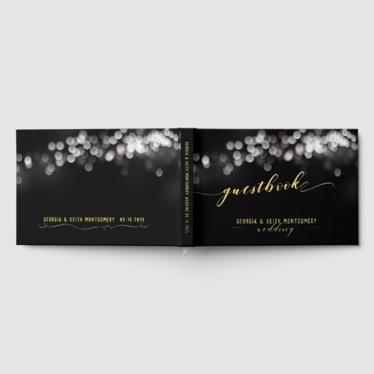 Bokeh Lights Black Gold Script Elegante Hochzeit Gästebuch (Voll)