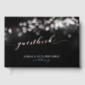 Bokeh Lights Black Silver Script Elegante Hochzeit Gästebuch (Vorderseite)
