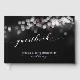 Bokeh Lights Black Silver Script Elegante Hochzeit Gästebuch