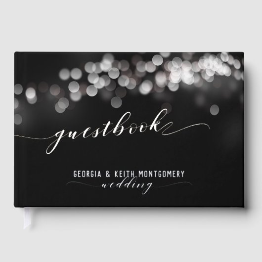 Bokeh Lights Black Silver Script Elegante Hochzeit Gästebuch (Vorderseite)